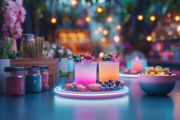 A cyberpunk-inspired wurst sausage served on a glowing neon plate, surrounded by futuristic condiments and holographic garnish designs