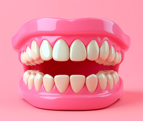 Obraz premium Complete Set of False Teeth (Dentures) with Pink Gums, Centered on a Pink Background.