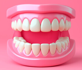 Obraz premium Complete Set of False Teeth (Dentures) with Pink Gums, Centered on a Pink Background.