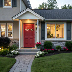 a house with a red door and a window with the word