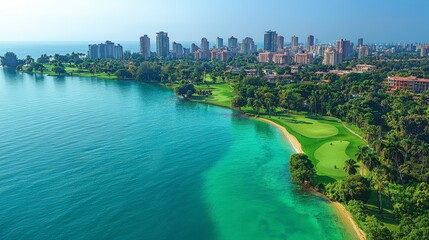 Naklejka premium Stunning Aerial View of Coastal City with Luxurious Golf Course and Turquoise Waters