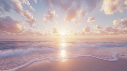 Fototapeta premium Sun rays breaking through light clouds over a calm sea and sandy shoreline.