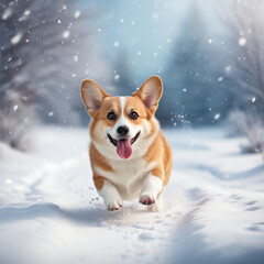 welsh corgi dog running outdoors in the snow
