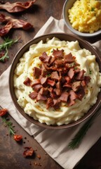 Fototapeta premium A bowl of creamy mashed potatoes topped with saut?ed beef and bacon bits , beef, side dish