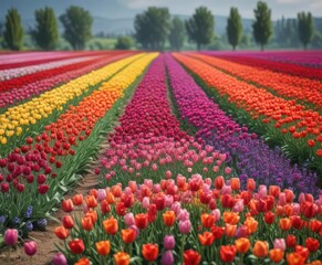 Fototapeta premium A breathtakingly beautiful field of tulips in every color of the rainbow - from soft lavenders to bold magentas - stretches out as far as the eye can see, blooming flowers, natural beauty