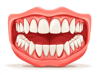 Naklejka premium Complete Set of False Teeth (Dentures) with Pink Gums, Centered on a White Background.