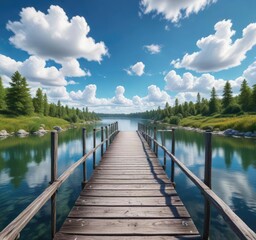 Fototapeta premium A bridge spanning a serene lake with a clear blue sky and fluffy white clouds above it , peaceful surroundings, natural scenery