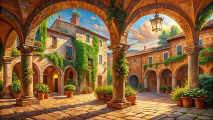 Obraz premium Sunlit Courtyard with Archways and Lush Greenery, Evoking a Sense of Tranquility and Old-World Charm