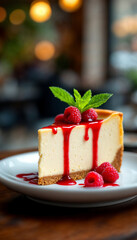 Classic New York Cheesecake with Raspberry Sauce and Fresh Berries.