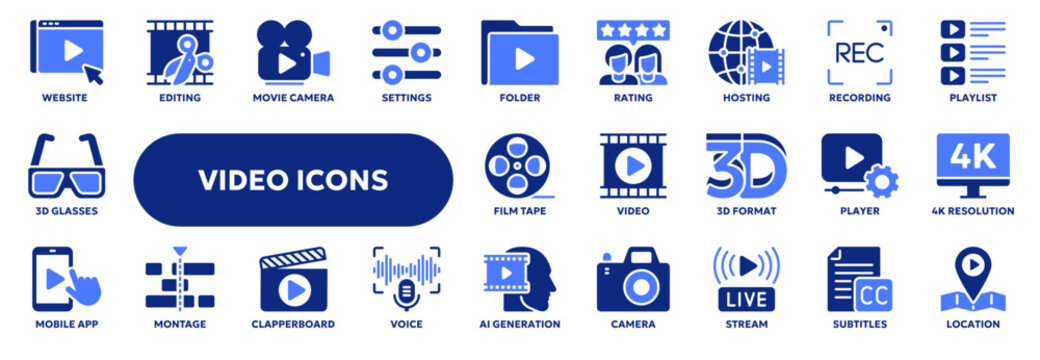 Set of vector solid icons related to video recording, movie industry, internet live streaming. Symbols for website or app ui, logo design, illustration