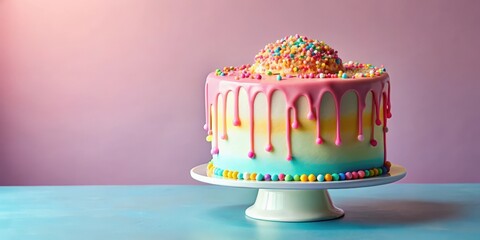 Soft pastel hues blend together in a gradient effect on a modern birthday cake with a drippy design made of sweet icing and colorful sprinkles , holidays, gourmet food