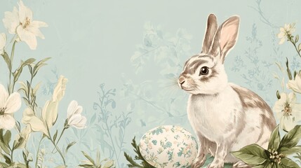 Obraz premium Vintage Easter illustration featuring a charming bunny and decorative floral egg