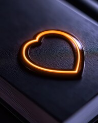 A glowing heart symbol on a dark book, representing love and affection.