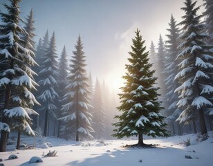Fototapeta premium A Christmas tree standing tall in a snowy forest, peaceful forest, icy environment