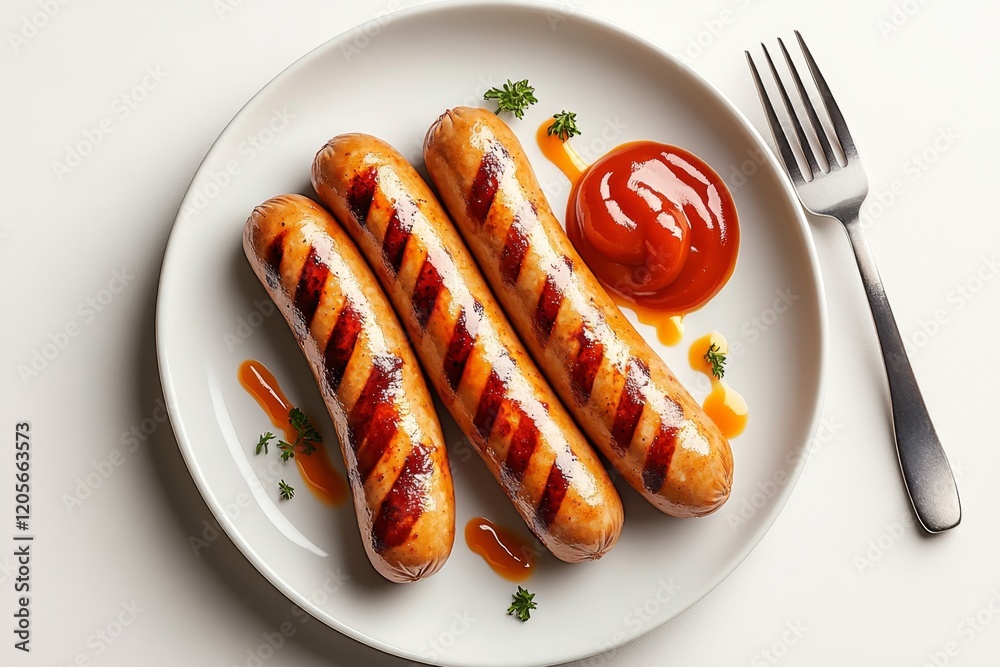 Poster a flat 2d drawing of a single wurst sausage on a plate with barbecue sauce and a fork, rendered in b