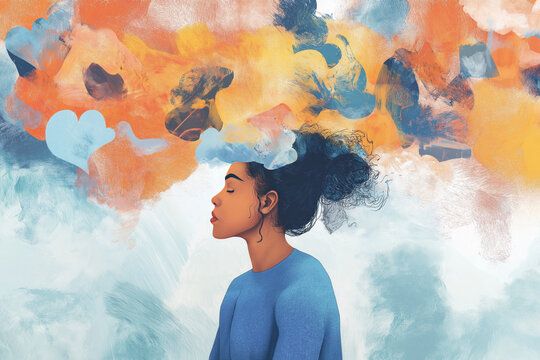 illustration of thinking ethnic woman eyes closed ponytail hair brain fog mindfulness concept mental health awareness psychology psychiatry dreaming hoping daydreaming
