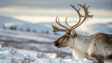 A close-up of a caribou's antlers showcasing their unique branching patterns and texture set against the soft focus of the snowy tundra, snow, frost, close-up