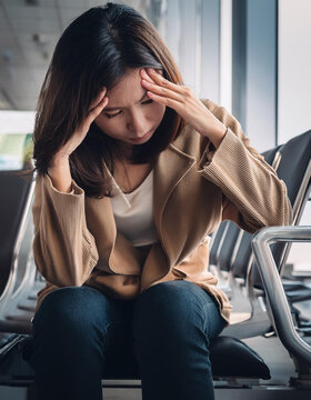 stressed woman sitting in the airport waiting for her flight feeling very frustrated anxious; depressed and lonely concept