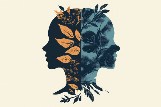 two side head front and back mind nature concept leaves plants neutral background blue