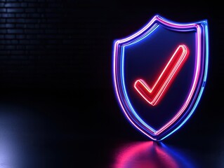 A neon shield symbol with a check mark representing security and safety.
