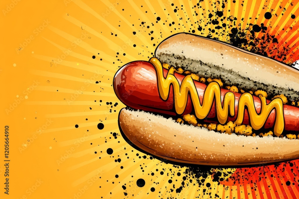 Poster a geometric design of a wurst with mustard drizzled on top, rendered in flat colors and bold outline