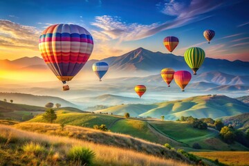 Obraz premium Serene sunrise spectacle vibrant hot air balloons gracefully soar above rolling hills and majestic mountains bathed in the golden light of dawn
