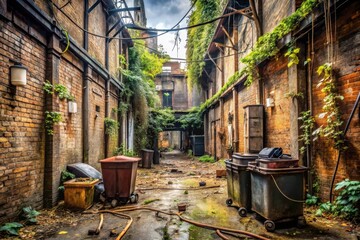 Overgrown Brick Passageway with Rusted Refuse Bins and Weathered Walls