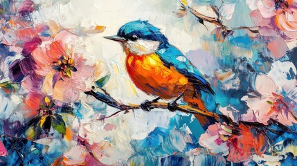 Fototapeta premium Abstract colorful oil, acrylic painting of bird and spring flower. Modern art paintings brush stroke on canvas. Illustration oil painting, animal and floral for background