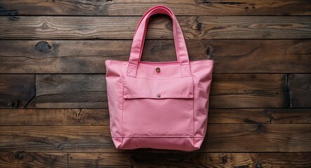 Pink tote bag on wooden desk background