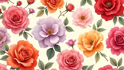 Vibrant Floral Pattern: A Delightful Array of Roses and Blossoms