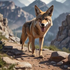 Obraz premium A coyote's tongue lolls out of its mouth as it takes a break from traversing the mountainous terrain on the trail, tongue, landscape, outdoor adventure