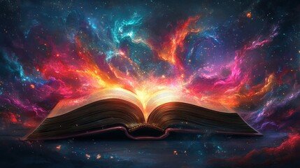 A magical illustration of a book releasing colorful wonders, symbolizing creativity and imagination. Ideal for storytelling and fantasy-themed projects.