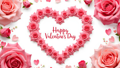Romantic Valentine's Day card design with a heart made of pink roses and a cheerful message