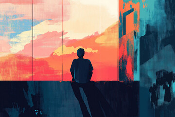 man in the city sitting on wall looking at sky landscape urban wallpaper painted background