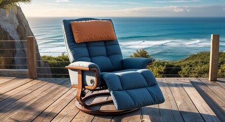 Reclining chair on a wooden deck with ocean view