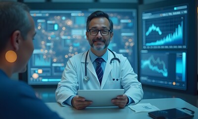 Confident Doctor Reviews Medical Data on Tablet in High-Tech Office Setting