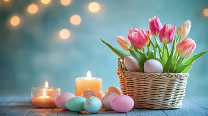 Obraz premium Basket of Pastel Eggs and Tulips on a Wooden Table