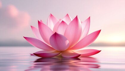 Serene Pink Lotus Blossom on Calm Water at Sunrise A Symbol of Purity and Tranquility