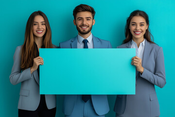 sign business man woman holding blank group message team businessman banner speech bubble copy space young showing businesswoman communication teamwork colleague