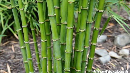 Fototapeta premium Lush green bamboo stalks garden closeup, mulch background, nature texture