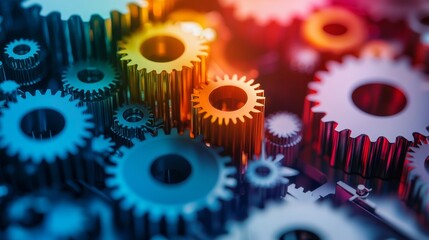 A vibrant close-up of interlocking gears showcasing intricate details and colorful lighting, emphasizing mechanical engineering and creativity.