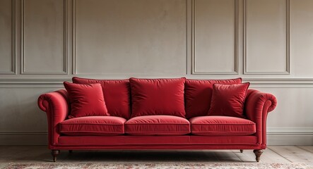 Red sofa against a neutral wall background