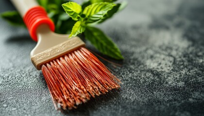 A paintbrush with red bristles rests on a textured surface, accompanied by fresh mint leaves, creating a vibrant contrast.
