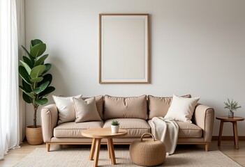 Fototapeta premium Spacious Coastal Interior: Light Oak Frame, Canvas Art, Curved Sofa, Linen and Cream Accents, Light & Bright, Youthful Decor, Lived-In, Mediterranean Style, Circle Table.