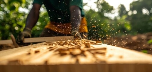 A focused craftsman shapes wood, sending shavings flying in a sunlit outdoor setting, showcasing skilled craftsmanship and natural materials.