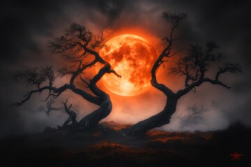 A haunting image of a xanthous full moon glowing against a dark, cloudy sky, with twisted trees silhouetted in the foreground