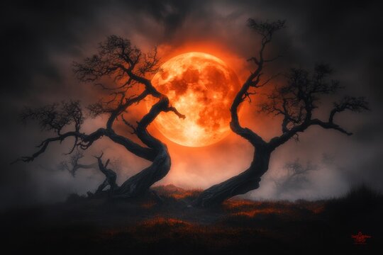 A haunting image of a xanthous full moon glowing against a dark, cloudy sky, with twisted trees silhouetted in the foreground