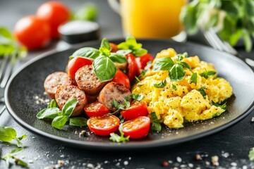A hearty German breakfast featuring wurst sausages, scrambled eggs, and rye bread on a rustic plate
