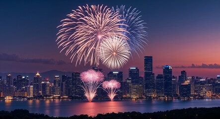 Sparkling fireworks display over city skyline at dusk