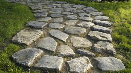 A pathway made of square stone slabs,